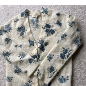 Sezane Floral Cardigan in Cream and Blue